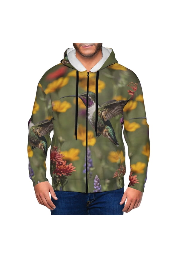 Humming Bird Print Men Hoodies Casual Hoodies for Men with Zip Pockets Full Zip Long Sleeve Sweatshirt Sports Hooded Jacket-Small