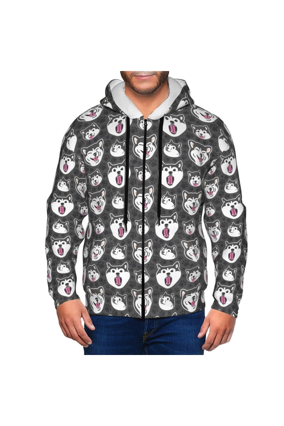 Husky Print Men Hoodies Casual Hoodies for Men with Zip Pockets Full Zip Long Sleeve Sweatshirt Sports Hooded Jacket-Large