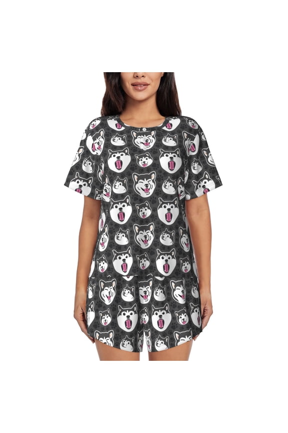 Husky Print Pajamas Sets for Women Short-Sleeved Pjs with Lounge Shorts Two Piece Sleepwear S-4XL