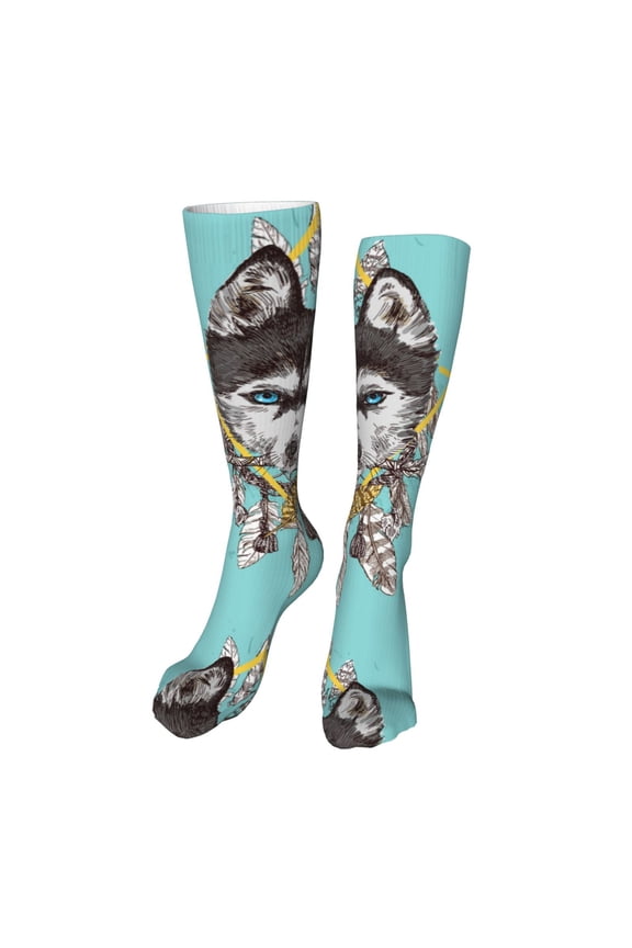 Husky With Dreamcatcher Funny Silky Novelty Funky Long Knee High Socks Soft 3D Print Cosplay Crazy Stockings for Men Women