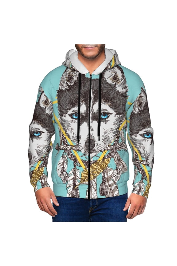 Husky With Dreamcatcher Print Men Hoodies Casual Hoodies for Men with Zip Pockets Full Zip Long Sleeve Sweatshirt Sports Hooded Jacket-Large