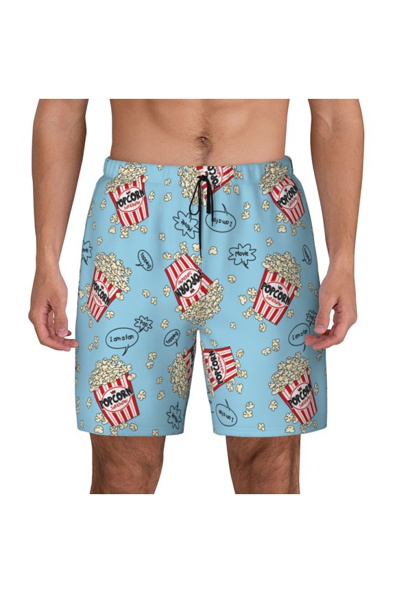 I Am A Fan Popcorn Print Men's Swim Trunks with Compression Liner 7 Inch Inseam Quick Dry Swim Shorts