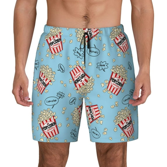 Kdxio I Am A Fan Popcorn Print Men's Swim Trunks with Compression Liner 7 Inch Inseam Quick Dry Swim Shorts