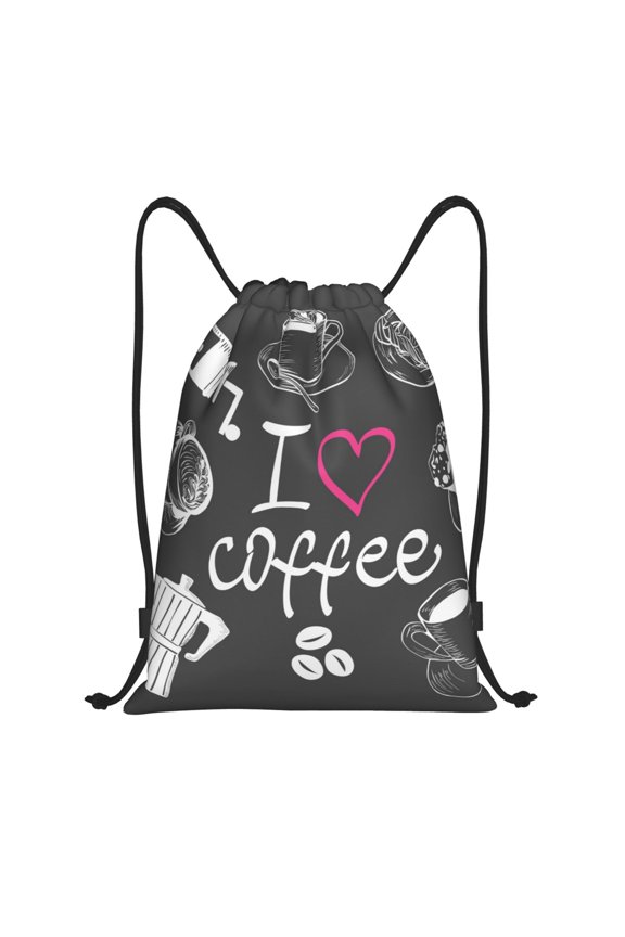 I Love Coffee Print Drawstring Backpack Bag,Waterproof Draw String Back Sack, Gym Drawstring Bags Swim Bag For Unisex
