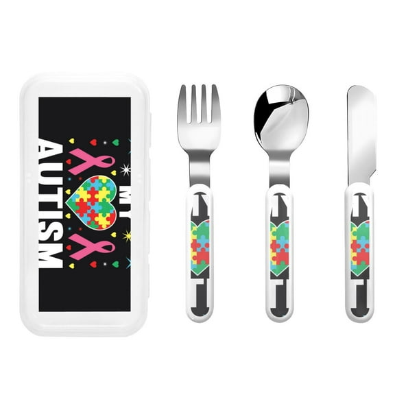 Kdxio I Love My Autism Toddler Utensils Set - Kids Silverware Set, Set Kids Utensils Set with Case for Preschooler Children