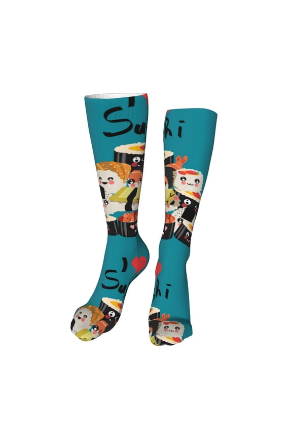 I Love Sushi Funny Silky Novelty Funky Long Knee High Socks Soft 3D Print Cosplay Crazy Stockings for Men Women