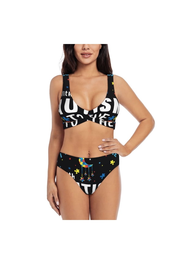 I Love With Autism To The Moon And Back Print Women's 2 Piece High Waisted Wrap Spaghetti Strap Summer Swimsuit Bikini Set-Medium