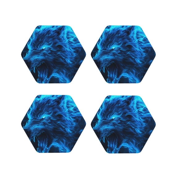 Kdxio Ice Blue Fire Wolf Funny Coasters,4 Pcs Leather Coasters,Housewarming Gifts,Protect Furniture from Water Marks Scratch and Damage