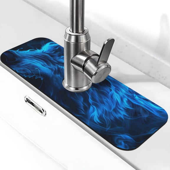 Kdxio Ice Blue Fire Wolf Pattern Non-Slip Diatom Mud Faucet Drain Pad,Self Absorbent Mat for Kitchen Sink for Variety Kitchen & Bathroom Countertops