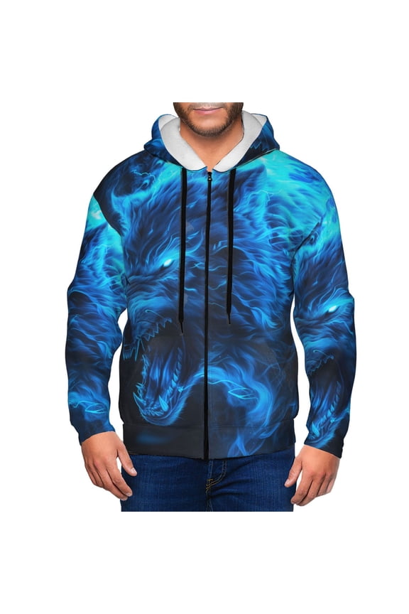 Ice Blue Fire Wolf Print Men Hoodies Casual Hoodies for Men with Zip Pockets Full Zip Long Sleeve Sweatshirt Sports Hooded Jacket-Small