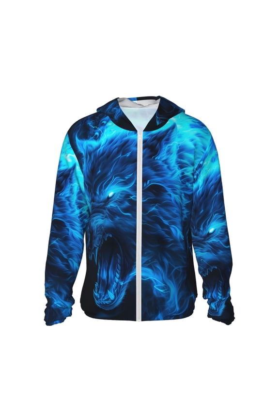 Ice Blue Fire Wolf Print Women Men Sun Protection UPF 50+ Jackets Zip Up Long Sleeve Hoodie Hiking Lightweight with Pockets