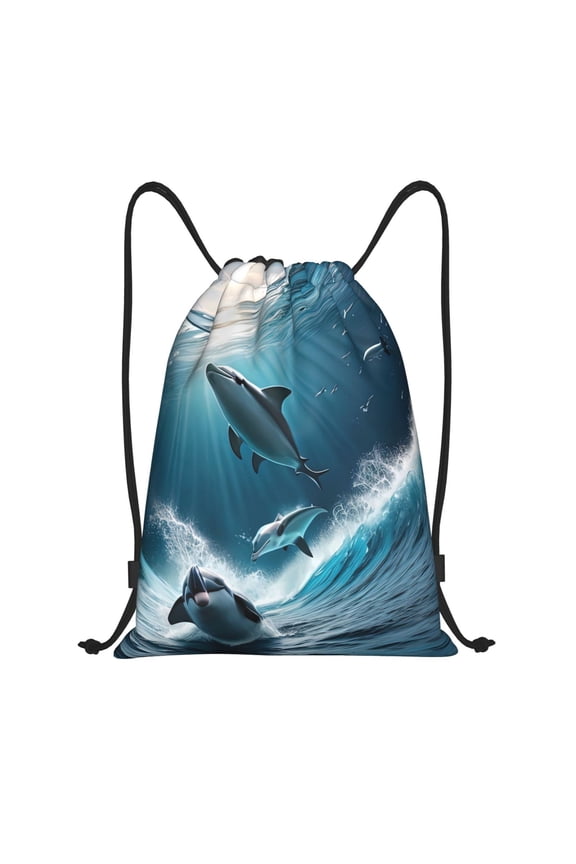 Ice Blue Ocean Cute Dolphin A Print Drawstring Backpack Bag,Waterproof Draw String Back Sack, Gym Drawstring Bags Swim Bag For Unisex