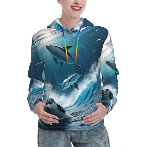 Kdxio Ice Blue Ocean Cute Dolphin A Print Womens Oversized Hoodies Sweatshirts Hooded Pullover Tops Sweaters Casual-Small
