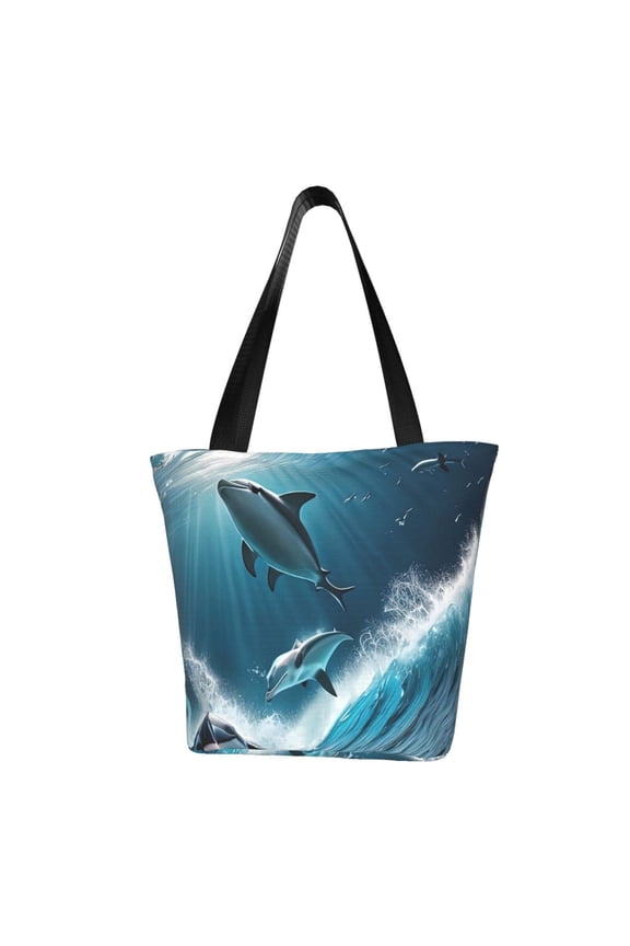 Ice Blue Ocean Cute Dolphin A Women Reusable Grocery Bags Foldable Ripstop,Reusable Shopping Bags for Shopping,Gym,Gift