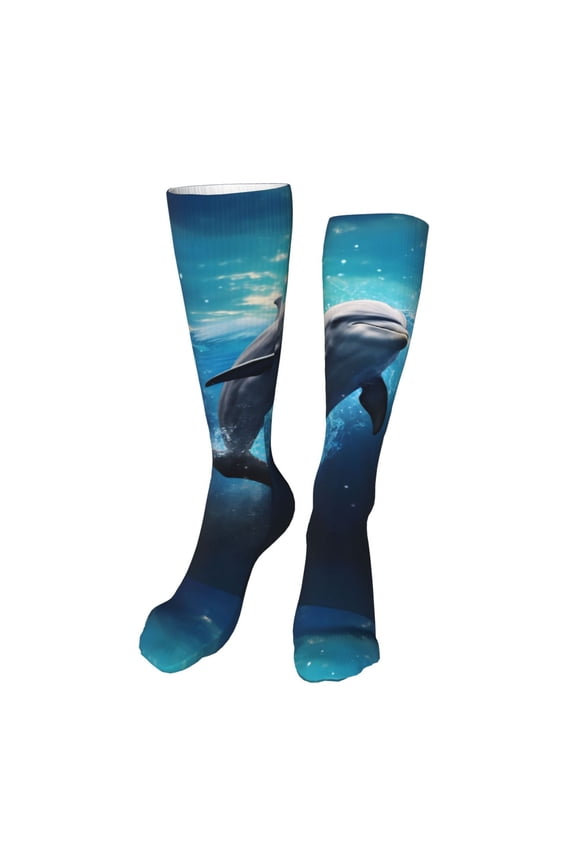 Ice Blue Ocean Cute Dolphin Funny Silky Novelty Funky Long Knee High Socks Soft 3D Print Cosplay Crazy Stockings for Men Women