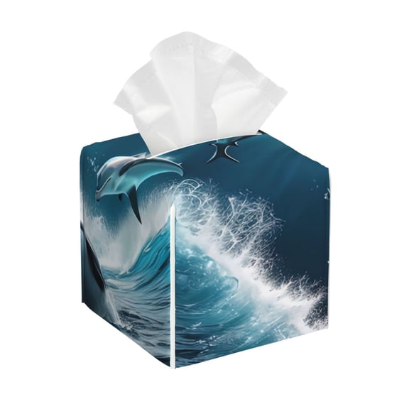 Kdxio Ice Blue Ocean Cute Dolphin A Print Tissue Box Cover,Square Decorative PU Leather Facial Paper Case Organizer Holder Dispenser for Bathroom,Night Stands,Desk,Car 5.2''X5.2''X5.2''