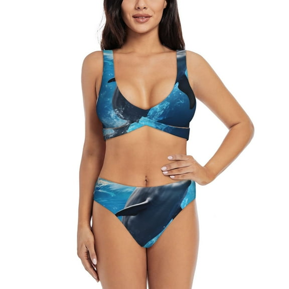 Kdxio Ice Blue Ocean Cute Dolphin Print Women's 2 Piece High Waisted Wrap Spaghetti Strap Summer Swimsuit Bikini Set-X-Large