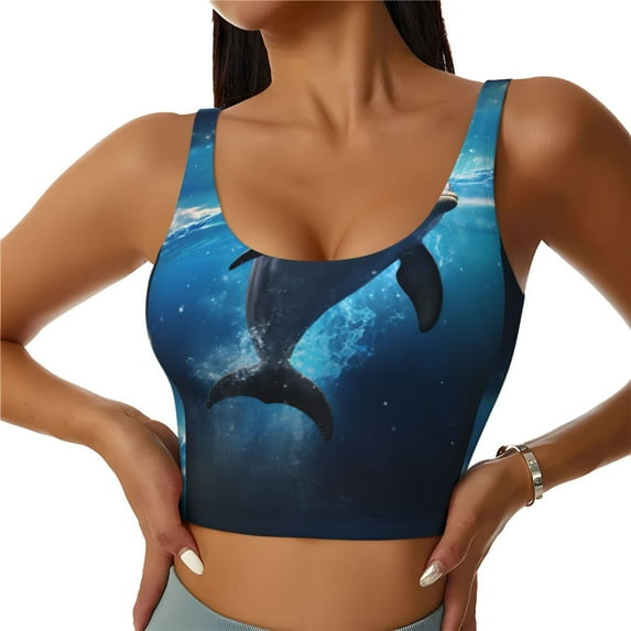 Kdxio Ice Blue Ocean Cute Dolphin Print Workout Crop Tank Top for Women Racerback Yoga Tank Tops Athletic Sports Shirts Exercise Undershirts