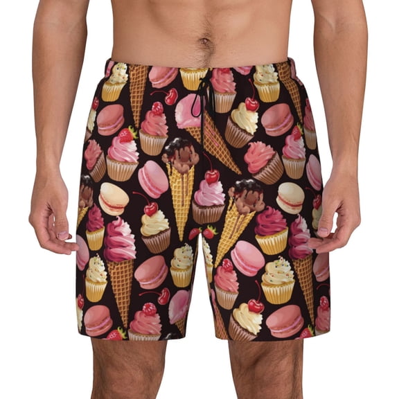 Kdxio Ice Cream Cake Print Men's Swim Trunks with Compression Liner 7 Inch Inseam Quick Dry Swim Shorts