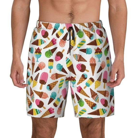 Kdxio Ice Cream Popsicles Print Men's Swim Trunks with Compression Liner 7 Inch Inseam Quick Dry Swim Shorts