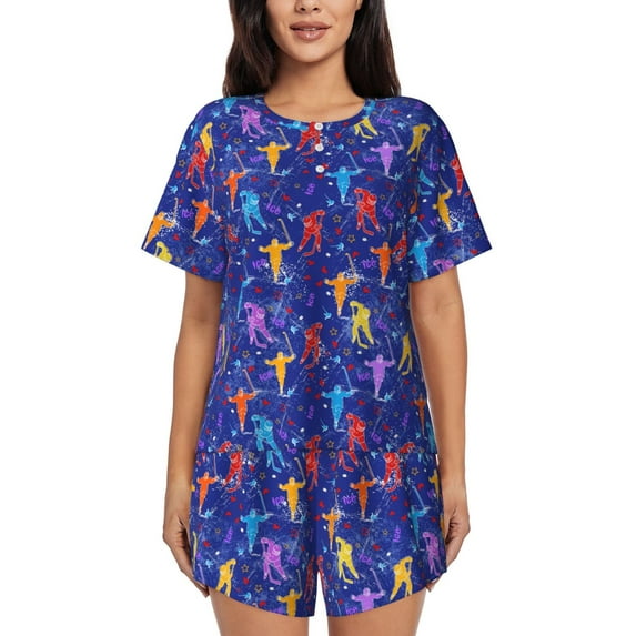 Kdxio Ice Hockey Players With Puck Print Pajamas Sets for Women Short-Sleeved Pjs with Lounge Shorts Two Piece Sleepwear S-4XL