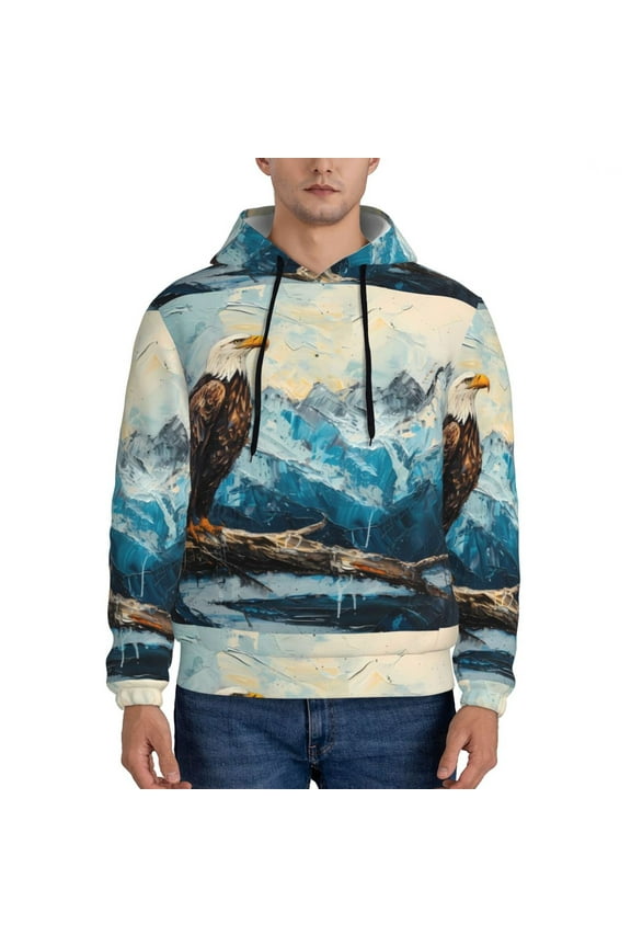Iceberg Bald Eagle Print Mens Casual Hooded Collar Drawstring Hoodies Pullover Sweatshirts Casual Long Sleeve Shirts-Medium