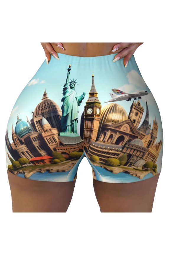 Iconic Global Landmarks Print Workout Shorts for Women Seamless Soft Smooth Gym Yoga Scrunch Active Shorts