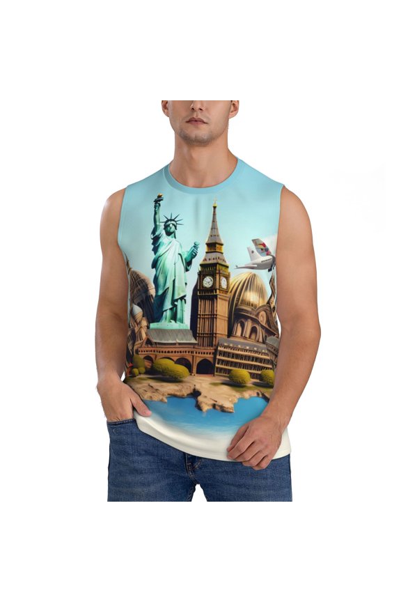 Iconic Global Landmarks for Men's Muscle T-shirt,Sleeveless for Workout Running Athletic Gym Lounge Casual