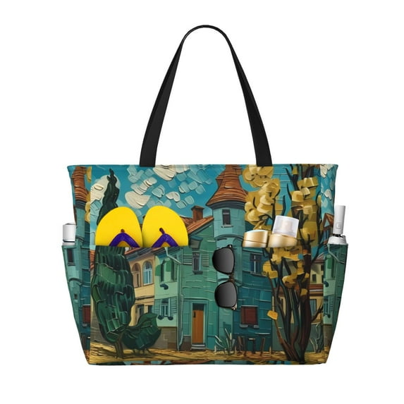 Kdxio Impressionist Village Sky for Beach Bag for Women Large Beach Tote Bag Waterproof Sandproof Swim Bag with Zipper Pockets Beach Vacation Travel