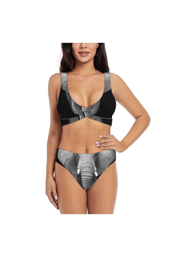 Indian Elephant Print Women's 2 Piece High Waisted Wrap Spaghetti Strap Summer Swimsuit Bikini Set-Medium