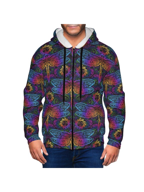 Indian Mandalas Dragonfly Print Men Hoodies Casual Hoodies for Men with Zip Pockets Full Zip Long Sleeve Sweatshirt Sports Hooded Jacket-3X-Large