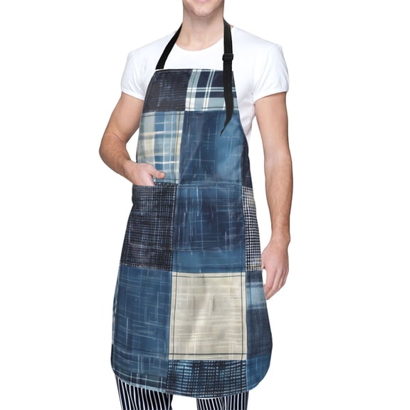 Kdxio Indigo Patchwork Quilt Apron with Pockets Adjustable Kitchen Aprons for Men Women Waterproof Aprons for Cooking,Drawing,Crafting, Baking Household Cleaning