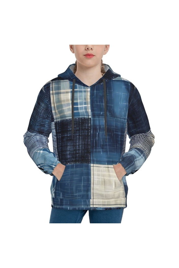 Indigo Patchwork Quilt Pattern Boys Athletic Unisex Boys Girls Hoodie with Pocket Sweatshirts-Large