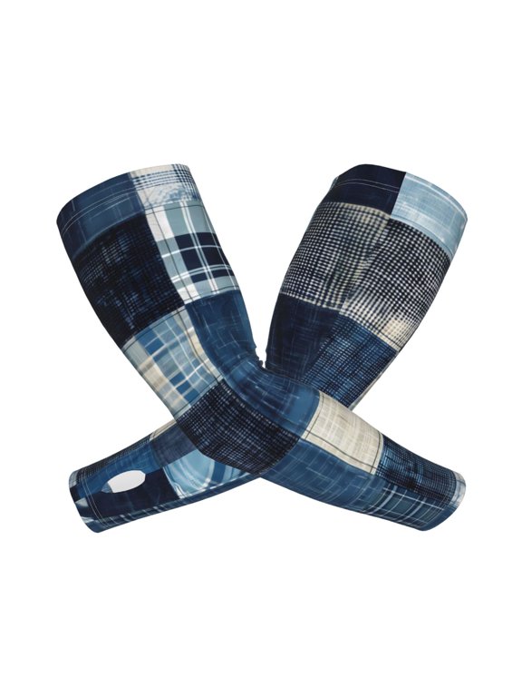 Indigo Patchwork Quilt Print UV Sun Protection Arm Sleeves - Tattoo Cover Up - Basketball Arm Sleeve UPF 50 Cooling for Men Women
