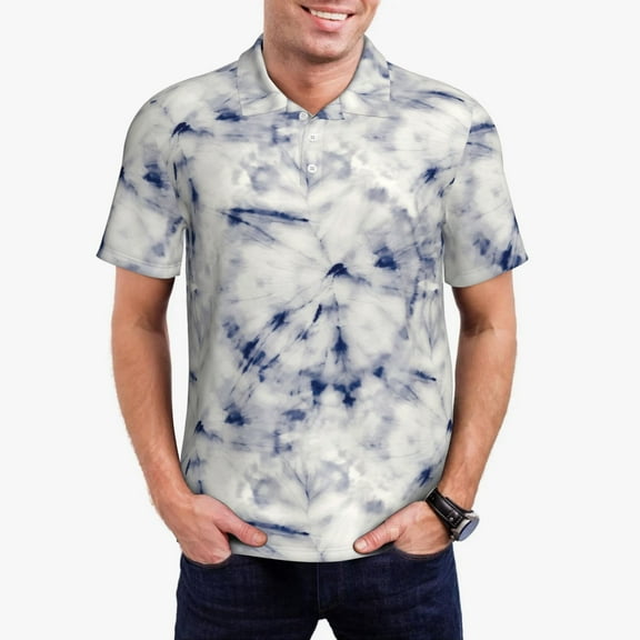 Kdxio Indigo Tie Dye Print Men's Short Sleeve Polo Shirt,Midweight Men's Shirt