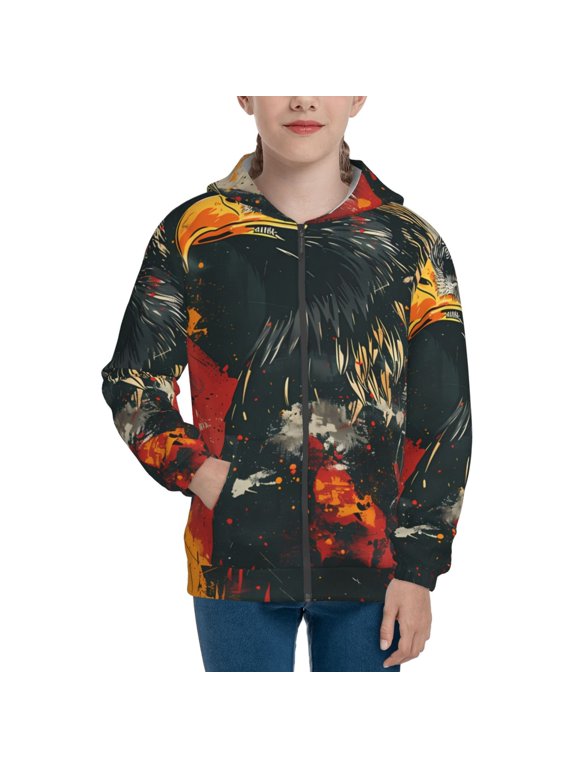 Ink Style Bald Eagle Pattern Kids Boys Girls Zip Up Hoodie 3D Printed Hooded Sweatshirt Hoody Coat with Pocket 7-12 Y-Small