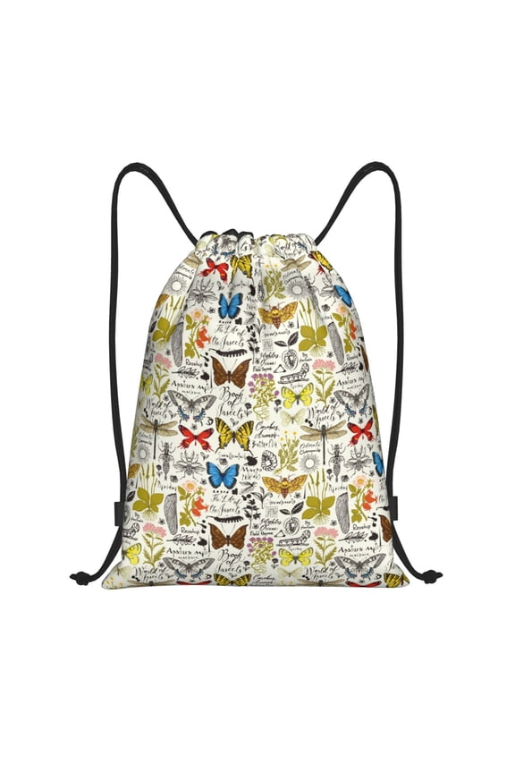 Insects And Medicinal Herbs Print Drawstring Backpack Bag,Waterproof Draw String Back Sack, Gym Drawstring Bags Swim Bag For Unisex