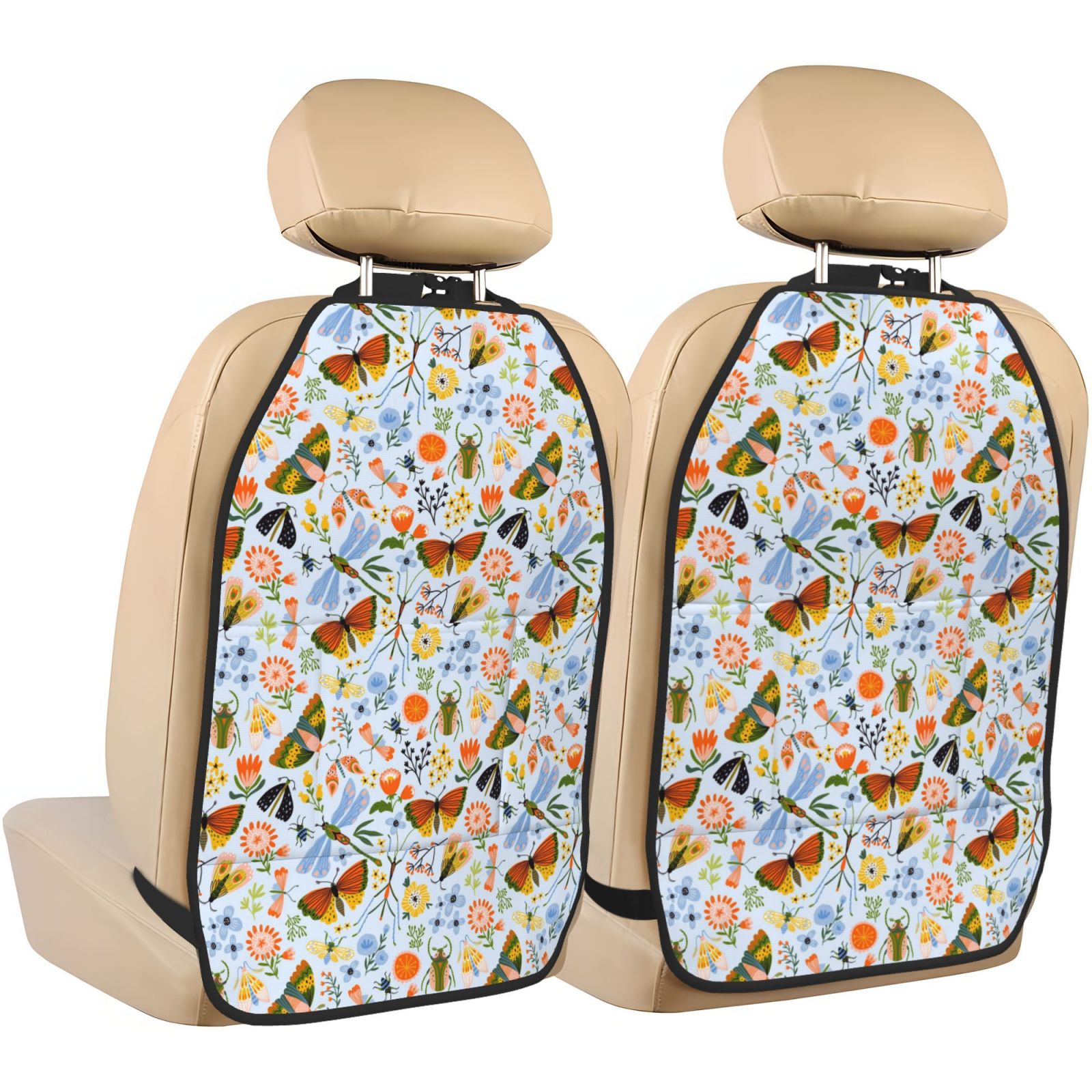 Kdxio Insects and Flowers Print 2 Pack Car Kick Mat Seat Cover Back Protector Mat with Pockets for Organizer Backseat Protector and Storage Anti Kick Pad for Vehicles