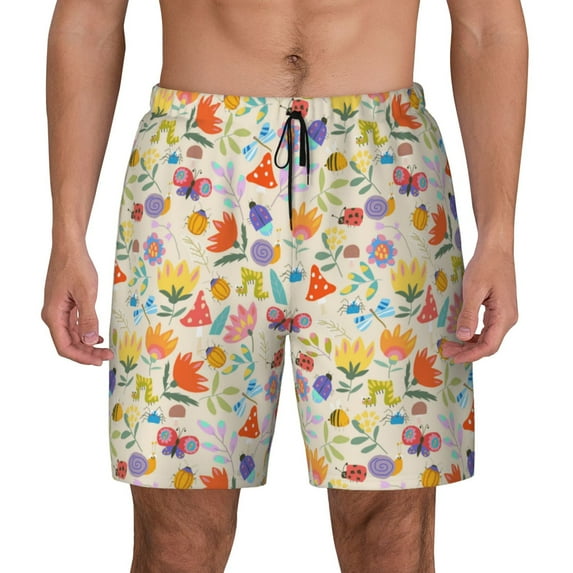Kdxio Insects In Plants Print Men's Swim Trunks with Compression Liner 7 Inch Inseam Quick Dry Swim Shorts