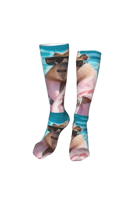 Island Vacation Guinea Pig Funny Silky Novelty Funky Long Knee High Socks Soft 3D Print Cosplay Crazy Stockings for Men Women