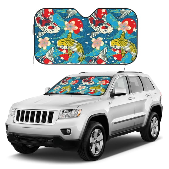 Kdxio Japanese Koi Print Windshield Sun Shade, Foldable Sun Blocker for Car,Truck,SUV Automotive Interior Sun Protection,Reflective Shade for Front Windshield(Small)