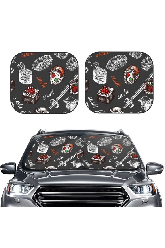 Japanese Sushi Hashi Print 2-Piece Sun Shade Front Windshield - Foldable Car Front Window Sunshades For Most Sedans Suv Truck