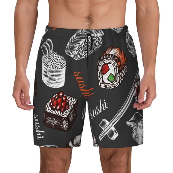 Kdxio Japanese Sushi Hashi Print Men'S Swim Trunks With Compression Liner 7 Inch Inseam Quick Dry Swim Shorts