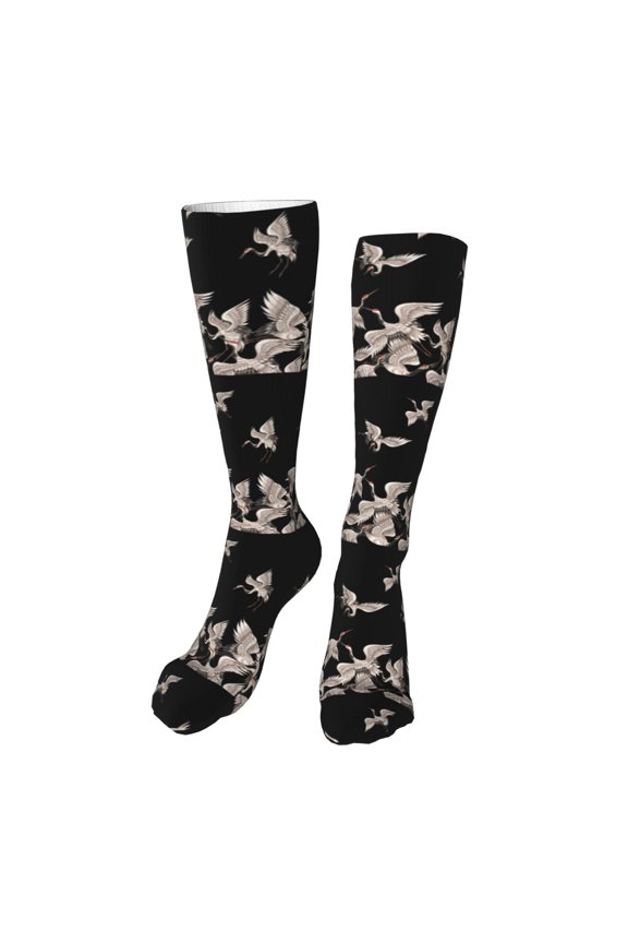 Japanese White Crane Funny Silky Novelty Funky Long Knee High Socks Soft 3D Print Cosplay Crazy Stockings for Men Women
