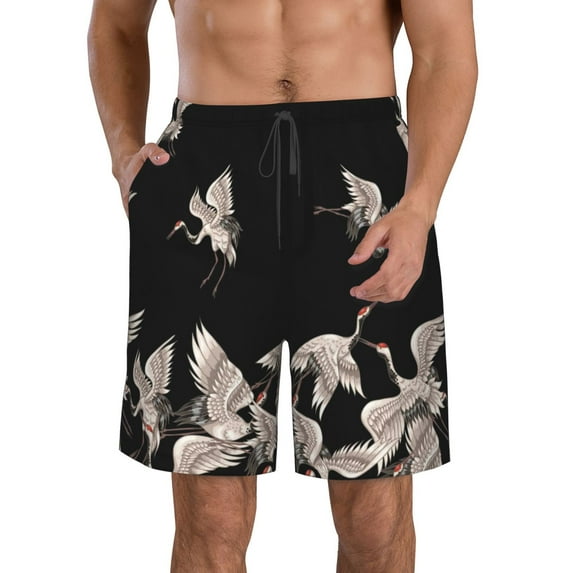 Kdxio Japanese White Crane Pattern Mens Casual Shorts - Drawstring Summer Beach Sports Shorts for Men