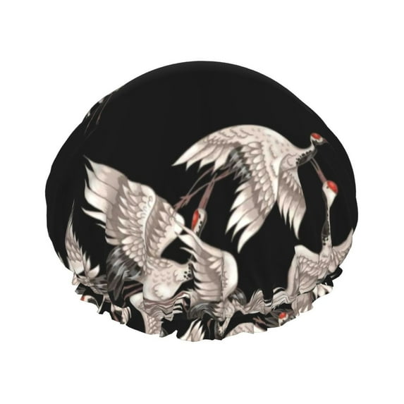Kdxio Japanese White Crane Print Shower Cap for Women,Elastic and Reusable,Double Waterproof Layers Bathing Hat