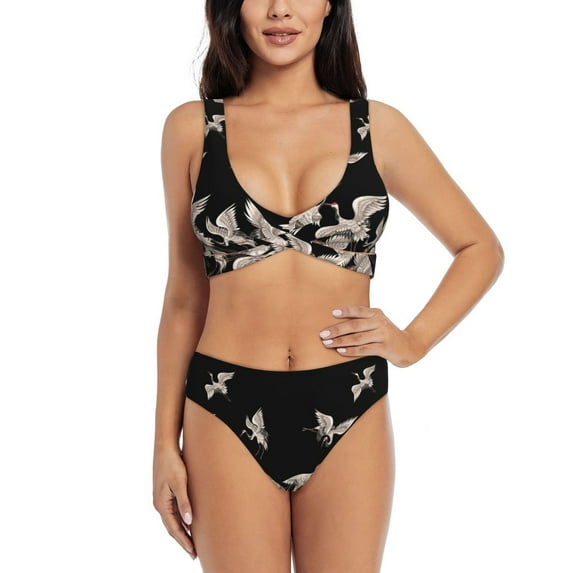 Kdxio Japanese White Crane Print Women's 2 Piece High Waisted Wrap Spaghetti Strap Summer Swimsuit Bikini Set-Small