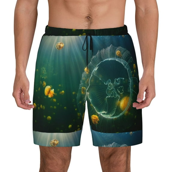 Kdxio Jelly Fish Print Men'S Swim Trunks With Compression Liner 7 Inch Inseam Quick Dry Swim Shorts