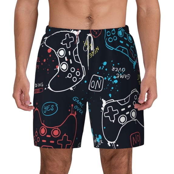 Kdxio Joystick Gamepad Print Men'S Swim Trunks With Compression Liner 7 Inch Inseam Quick Dry Swim Shorts