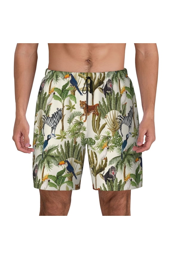 Jungle Animals Print Men's Swim Trunks with Compression Liner 7 Inch Inseam Quick Dry Swim Shorts